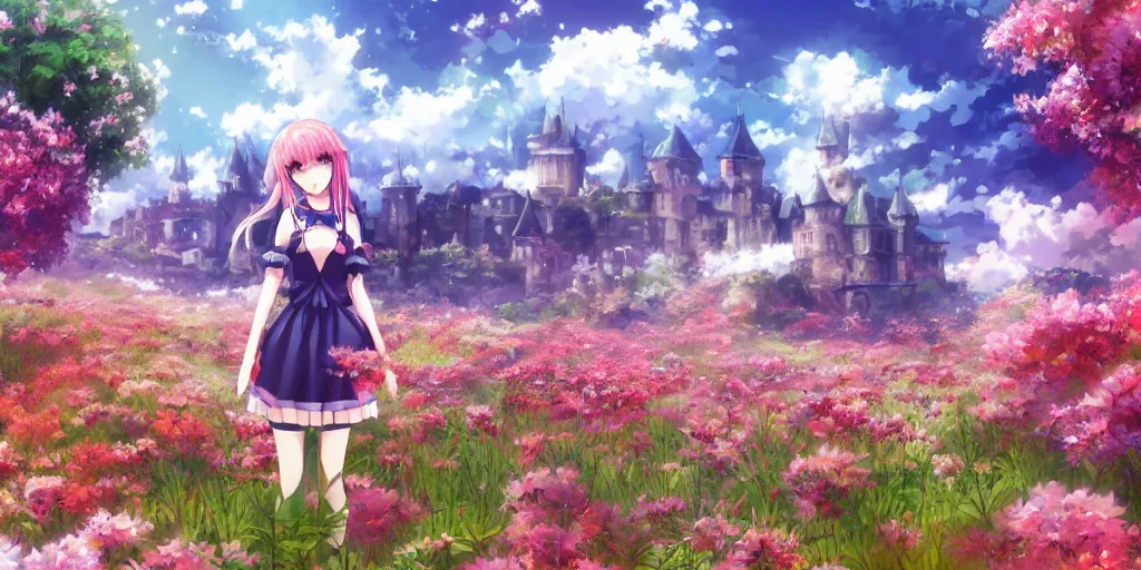 Image similar to anime girl, scenic, landscape, castle, large field of flowers, digital art