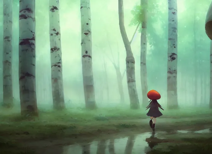 Image similar to a cute humanoid mushroom creature, her feet covered in mud, walking around a large aspen forest, fog, atmospheric lighting, by makoto shinkai an krenz cushart