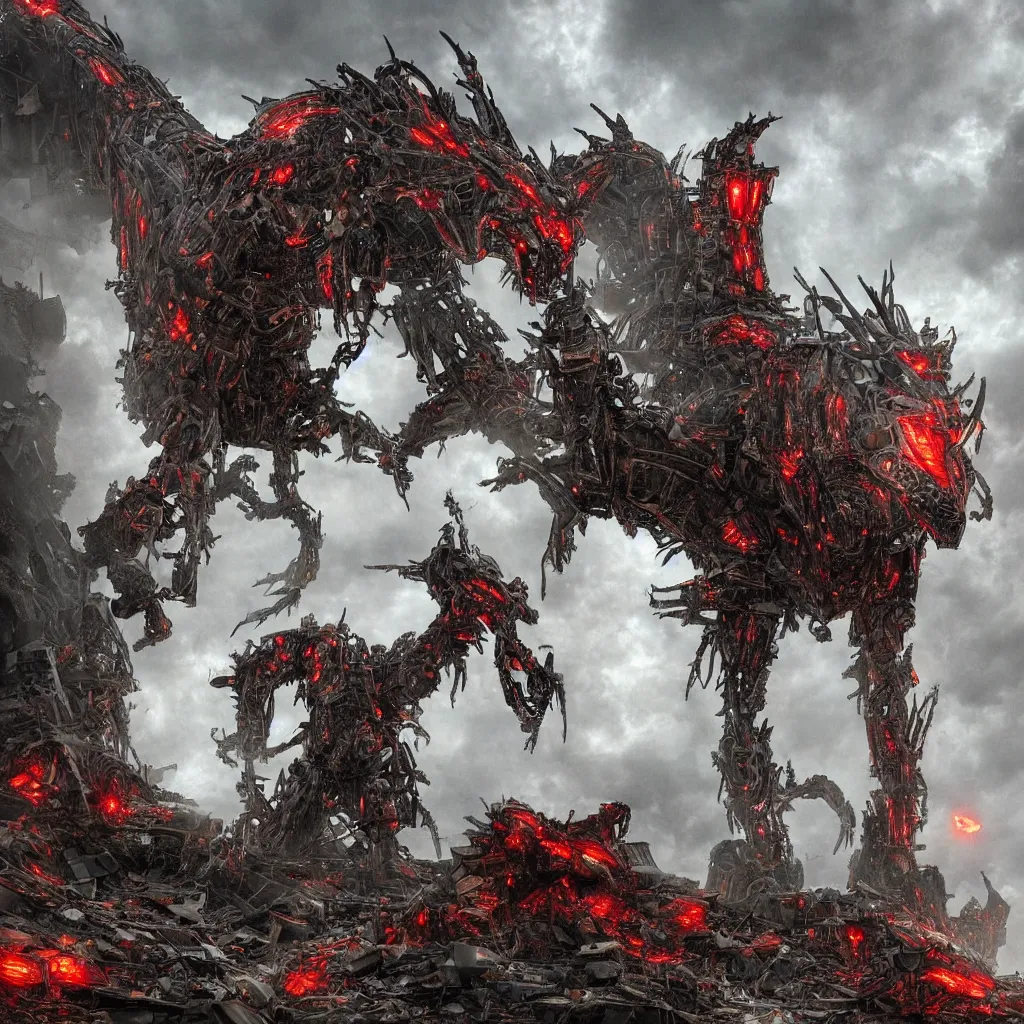 Image similar to high quality art of a giant mechanized dragon in an apocalyptic future, made of plates and armor throughout the body, having 4 limbs and 4 talons on each foot, and glowing fiery red eyes, climbing over a destroyed building in a hazy radioactive atmosphere, roaring with an epic pose into the air as the building crumbles under the weight, showing lots of sharp teeth. furaffinity, deviantart, artstation, high quality