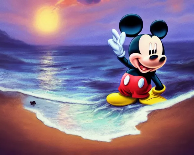 Image similar to Mickey mouse sitting next to terrifying sea creatures on a creepy beach, digital art, by Taeyoung Choi, super detailed, artstation