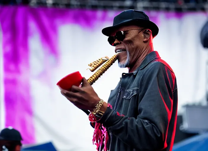 Image similar to photo still of samuel l jackson on stage at vans warped tour!!!!!!!! at age 3 3 years old 3 3 years of age!!!!!!!! playing a tamborine, 8 k, 8 5 mm f 1. 8, studio lighting, rim light, right side key light