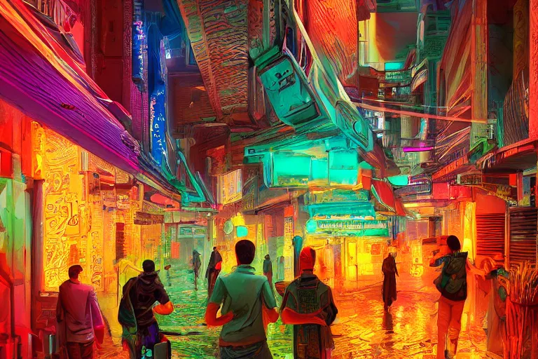 Prompt: cyberpunk Morocco street, 35mm lens, beautiful panoramic imagery, vibrantly lush neon lighting, beautiful volumetric-lighting-style atmosphere, a futuristic atmosphere, intricate, ultra detailed, photorealistic imagery, trending on artstation, 4k, 8k