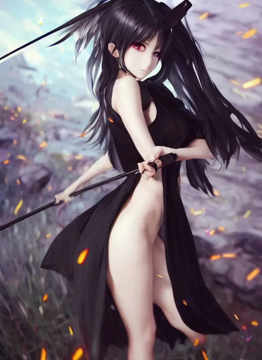 Image similar to anime girl wielding a large black scythe, has black wings, white dress, naturel, hyper detailed, digital art, trending in artstation, cinematic lighting, studio quality, smooth render, unreal engine 5 rendered, octane rendered, art style by klimt and nixeu and ian sprigger and wlop and krenz cushart