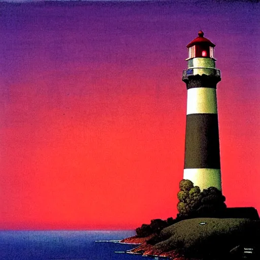 Prompt: lighthouse at dawn by Maxfield Parrish, neo-classical style elaborate painted illustration with saturated hues, 19th century illustration painting, red, purple, dark colors, dramatic lighting