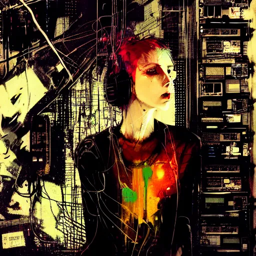 Image similar to a young punk woman lost in a cyberpunk noir glitchcore world of wires, and machines, by jeremy mann, francis bacon and agnes cecile, and dave mckean ink drips, paint smears, digital glitches glitchart