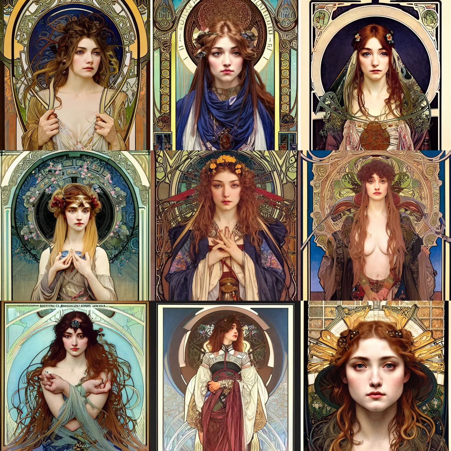 Prompt: masterpiece head-on symmetrical centered painted portrait, Imogen Poots as a holy warrior, by Alphonse Mucha, Ayami Kojima, Amano, Charlie Bowater, Karol Bak, Greg Hildebrandt, Jean Delville, and Mark Brooks, Art Nouveau, Pre-Raphaelite, Neo-Gothic, gothic, Art Nouveau, rich deep moody colors