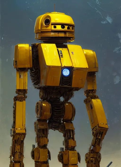 Image similar to human-sized strong intricate yellow pit droid, pancake short large head painterly humanoid mecha, by Greg Rutkowski