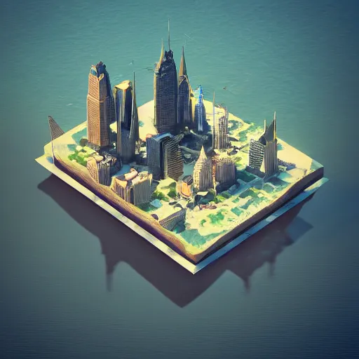 Image similar to manhattan on a floating island in the sky, waterfalls falling down, low poly art, isometric art, 3d render, ray tracing, high detail, artstation, concept art, behance, smooth, sharp focus, ethereal lighting, octane render