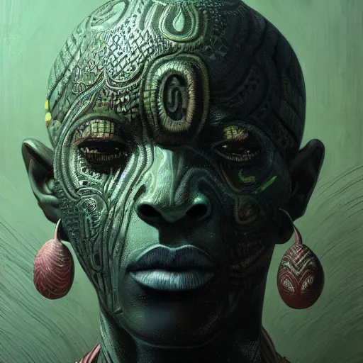 Prompt: an african!! all seeing shaman with 1 0 0 eyes, dim light, bloom, front game card, marvel comics, dark, intricate, highly detailed, smooth, artstation, digital illustration by ruan jia and artgerm and wayne barlowe and greg rutkowski and zdislaw beksinski, and h. r. giger and adi granov