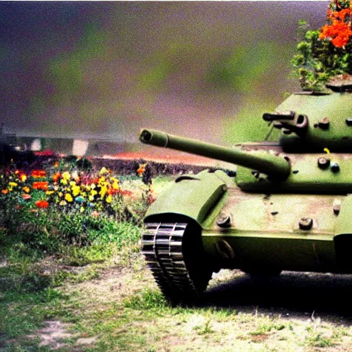 Image similar to “armoured tank shooting flowers world war 2 color restoration film vhs”