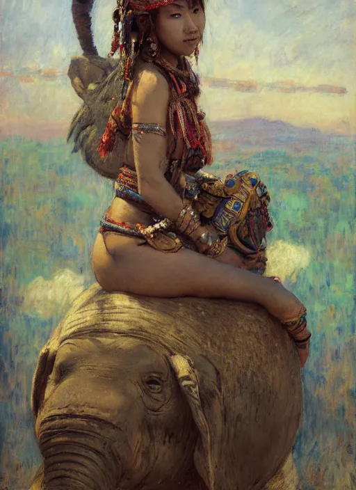 Prompt: portrait of the tribal ethnic asian female, sitting on top of a war elephante poses by gaston bussiere, anna nikonova aka newmilky, greg rutkowski, yoji shinkawa, yoshitaka amano, tsutomu niehi, impressionism, monet,