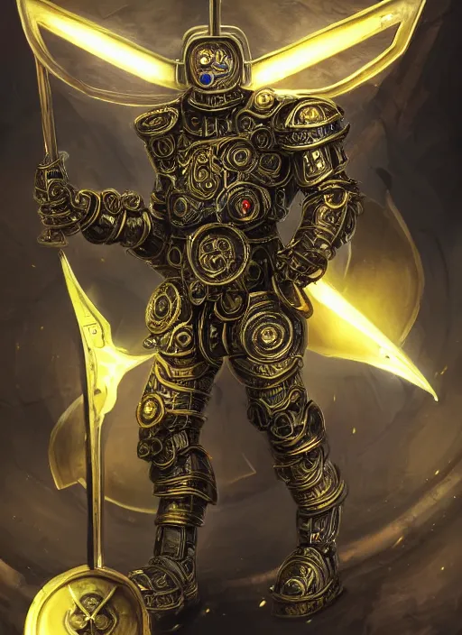 Image similar to full body, attack position abstract portrait of a intricate ornate holy mechanical warforged with circular glowing eye, character in yellow armor holding a legendary paladin engraved great longsword with a metal blade drawn and carrying a huge heavy paladin shield, vertically flat head, face in focus, epic , trending on ArtStation, masterpiece, cinematic lighting, by Ross Tran and by Greg Rutkowski