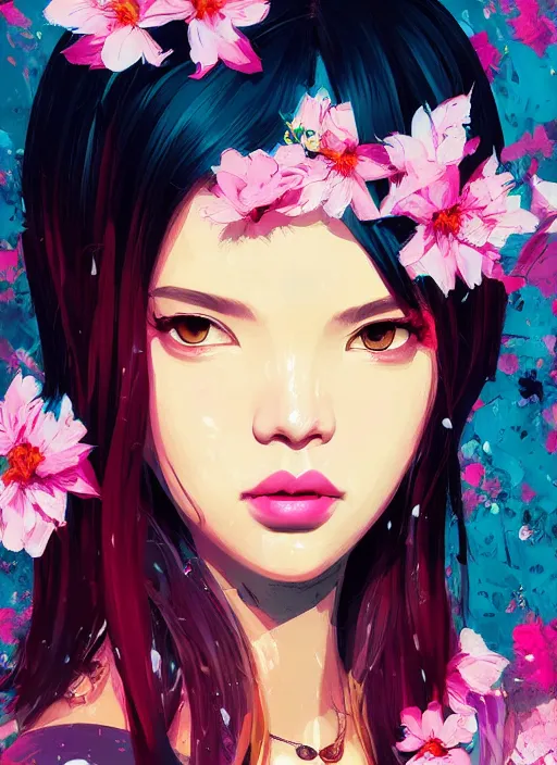 Image similar to lisa blackpink portrait illustration, pop art, splash painting, beautiful floral and plants ornaments in cloth and hair, art by ilya kuvshinov, greg rutkowski and makoto shinkai, dan mumford, artstation