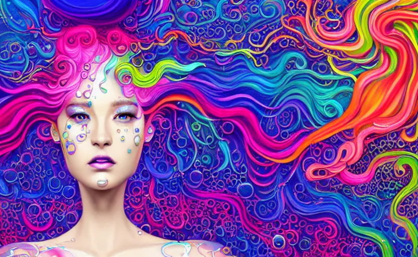 Image similar to a digital painting of a woman with colorful hair made of curly and splashing liquid and bubbles, intricate mechanical details, futuristic, a pop art painting by tomokazu matsuyama, behance contest winner, psychedelic art, psychedelic, 2 d, digital illustration, trending on artstation, anime stylized, accurate fictional proportions, high delicate defined details, ethereal lighting