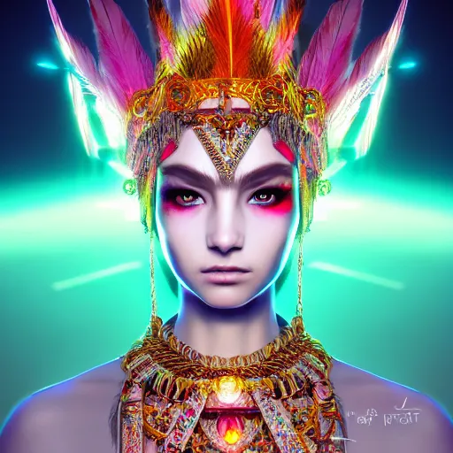 Image similar to portrait highly detailed beautiful symmetrical face high priestess intricate elegant detailed crystal jewellery with tribal feathers, lush colourful volumetric lighting, anime digital painting, concept art, smooth, sharp focus 3 d, divine realm of gods, realistic cinematic style, octane render, photographic, unreal engine 8 k