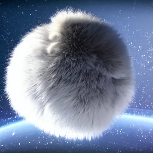 Image similar to furry fluffy ball floating in space, closeup, highly detailed, unreal engine