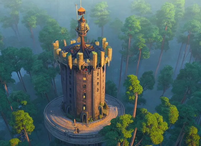 Prompt: overhead view of the great tower of the south in the magical forest of saporra, medium shot, studio ghibli, pixar and disney animation, sharp, rendered in unreal engine 5, anime key art by greg rutkowski, bloom, dramatic lighting