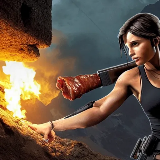 Prompt: Lara Croft raiding a tomb to get the all new McRib®, realistic photography