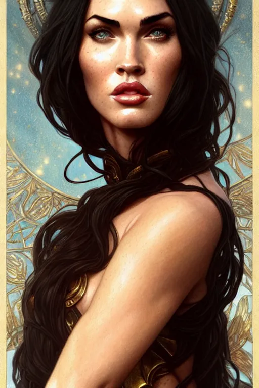 Image similar to portrait of megan fox as the goddess circe, greek mythology, intricate, headshot, highly detailed, digital painting, artstation, concept art, sharp focus, cinematic lighting, illustration, art by artgerm and greg rutkowski, alphonse mucha, cgsociety