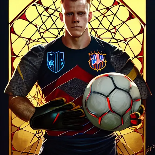 Image similar to Ter Stegen holding an explosive, goalkeeper, football pitch, D&D, fantasy, intricate, elegant, highly detailed, digital painting, artstation, concept art, matte, sharp focus, illustration, art by Artgerm and Greg Rutkowski and Alphonse Mucha