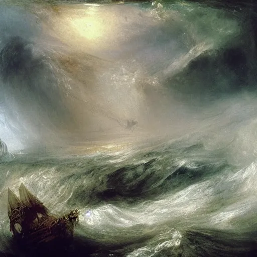 Prompt: mutant octopus with gigantic tentacles encircling a frigate above the waves of an angry ocean, by jmw turner