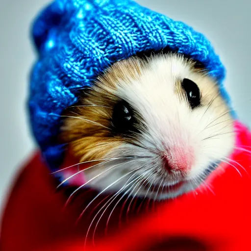 Image similar to a photograph of a dwarf hamster wearing a beanie, hd, macro photography, sharp focus, cinematic lighting, enhanced colors, flickr