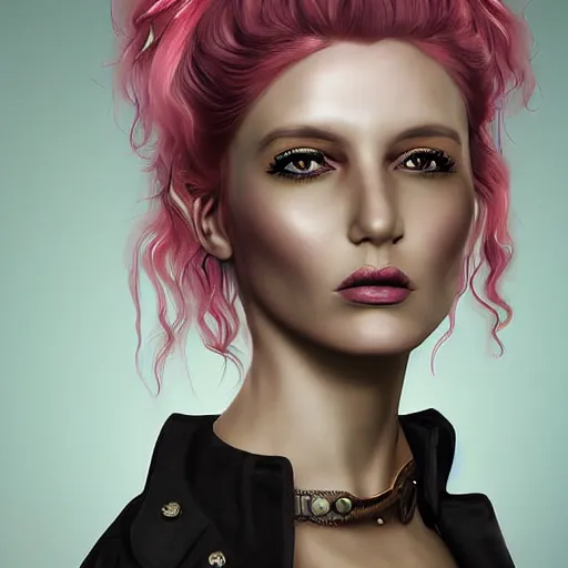 Prompt: a portrait of a steampunk woman with pink hair, digital art, hyperrealistic