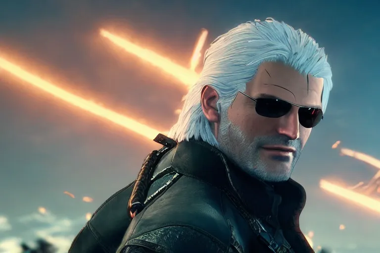 Image similar to vfx movie closeup suave handsome grinning vampire with long white hair, trench coat, dual wielding large revolvers, leaping into the air, low gravity in a shattered reality of new york city, cool aviators witcher devil may cry by emmanuel lubezki