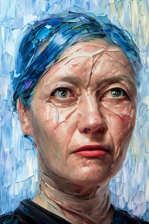 Image similar to palette knife oil painting portrait dr krystal knight, woman, late 4 0 s, eyes filled with icy hate, extreme detail, artstation trending, ice, cold, freezing, blue, artgerm, any racial background, deviant art, octane, substance, art history 8 k