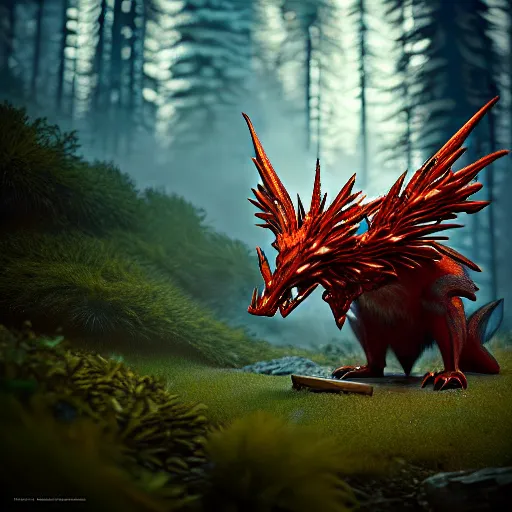 Image similar to ( fire pokemon ) creature creature in a alaskan forest, : : by michal karcz, daniel merriam, victo ngai and guillermo del toro : : ornate, dynamic, particulate, intricate, elegant, highly detailed, centered, artstation, smooth, sharp focus, octane render, 3 d