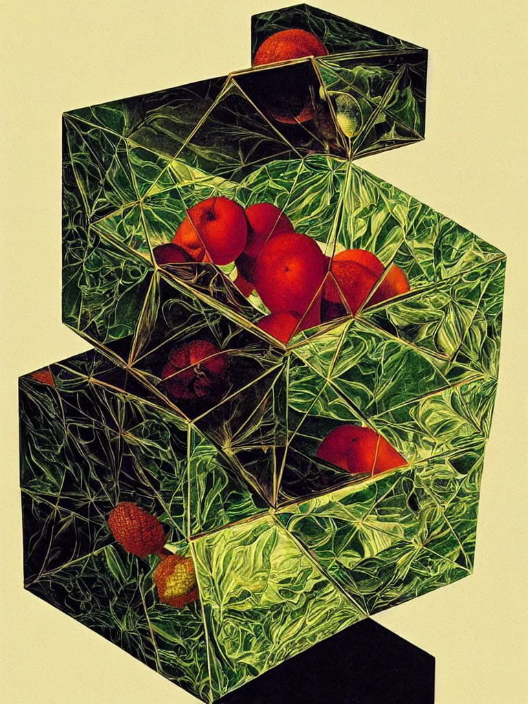 Prompt: hyperrealistic still life portrait of a tesseract, impossible shape, by caravaggio and yosumo okuta, botanical print, surrealism, vivid colors