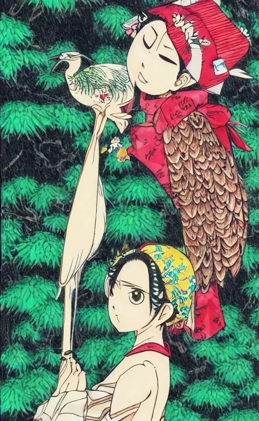 Image similar to by eiichiro oda, full color manga art, girl next to a japanese crane bird in japanese pines, trading card front, kimono, realistic anatomy, sun in the background