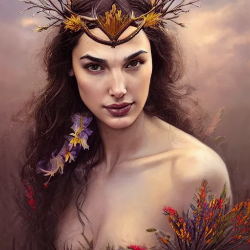 Prompt: fine art photo of the beauty goddess gal gadot, she has a crown of dried flowers, by peter mohrbacher