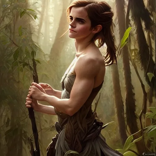 Prompt: emma watson portrait of forest gog, male, clear face, masculine, upper body, muscular, fantasy, intricate, elegant, highly detailed, digital painting, artstation, concept art, matte, sharp focus, illustration, art by artgerm and greg rutkowski and alphonse mucha