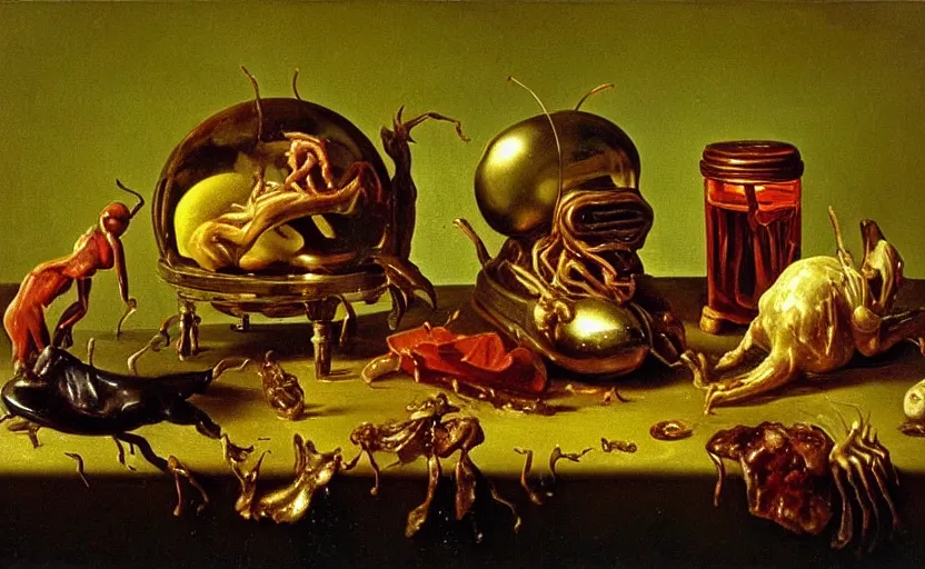 Image similar to disturbing colorful oil painting dutch golden age vanitas still life sparse composition with bizarre objects strange gooey transparent surfaces shiny metal reflections bizarre mutant meat insects rachel ruysch dali todd schorr very detailed perfect composition rule of thirds masterpiece canon 5 0 mm, cinematic lighting, photography, retro, film, kodachrome