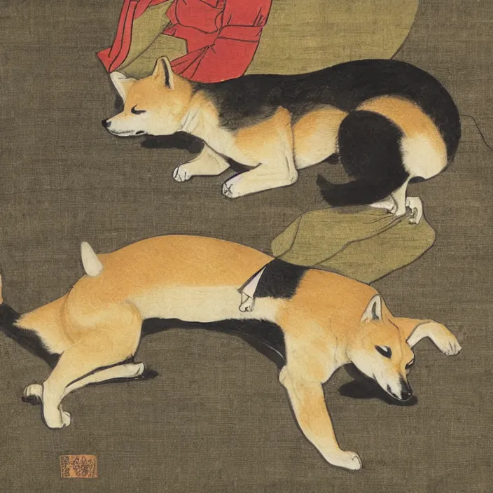 Image similar to a shiba-inu-samurai waking up from a nap, artwork on loan from the historical dog society of japan