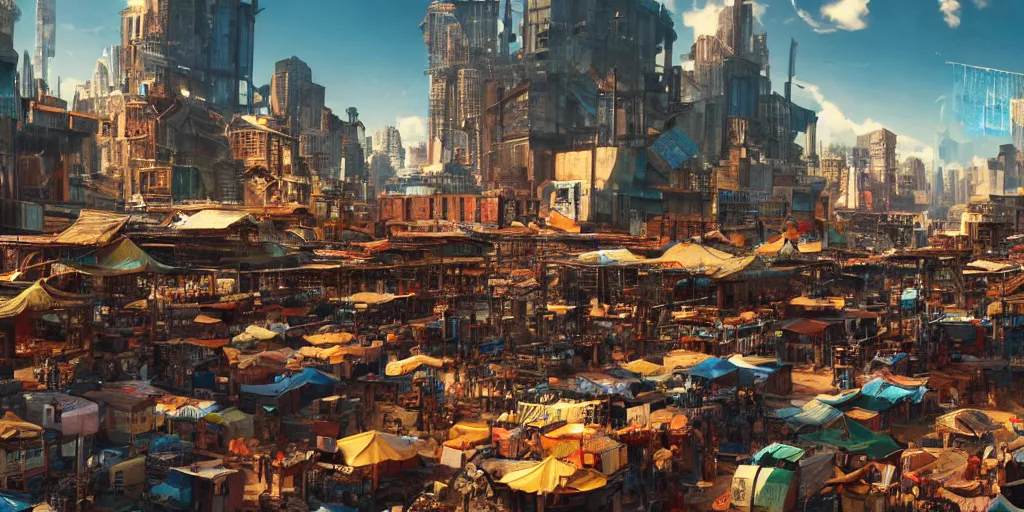 Prompt: screenshot of a vibrant marketplace in a massive makeshift city, dappled light, colossal arcing metal structures high in the sky, beautiful, awe inspiring, fps, matte painting, cinematography, cinematic masterpiece