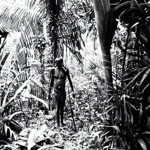 Prompt: a tribal serial killer living in the jungle photographed by Andrej Tarkovsky, kodak 5247 stock