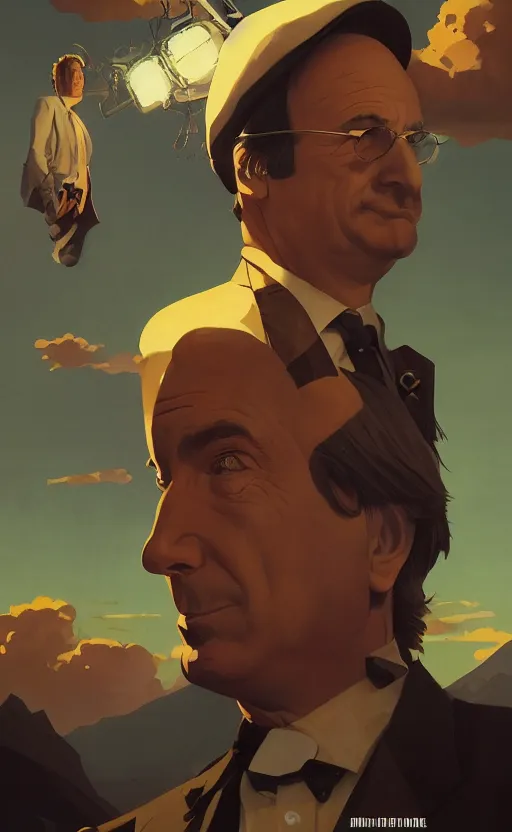 Image similar to saul goodman, poster of better call saul, perfect pose, vintage, matte painting, illustration,, by rhads, by greg rutkowski, by greg tocchini, by james gilleard, by joe fenton