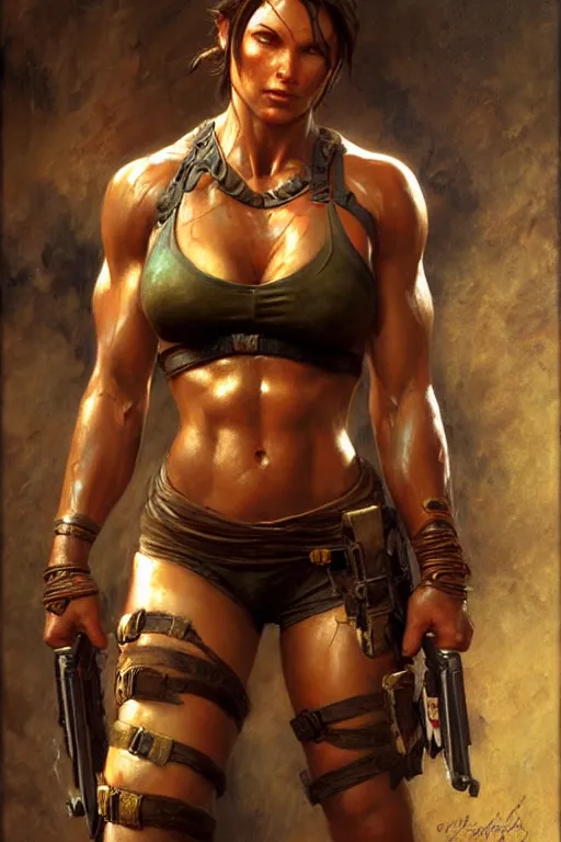 Image similar to muscular sweat lara croft, highly detailed painting by gaston bussiere, craig mullins, j. c. leyendecker 8 k