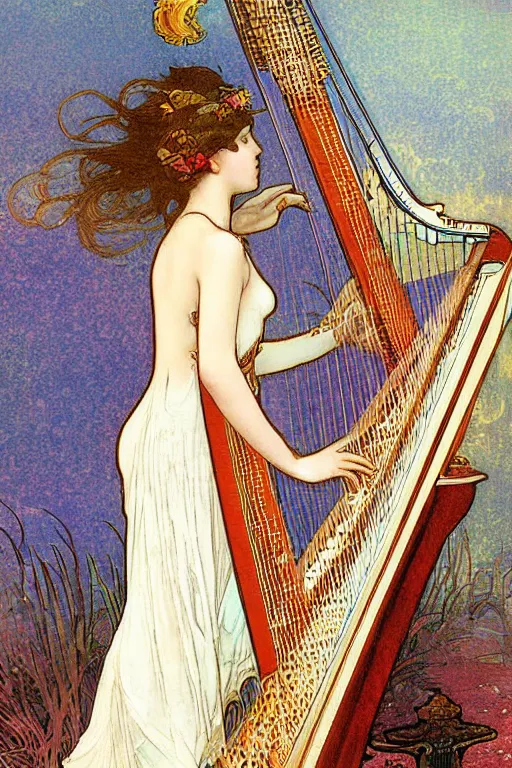 Image similar to beautiful mystical digital painting girl playing a harp wearing a long white dress over a wavy ocean by mucha tarot card vivid