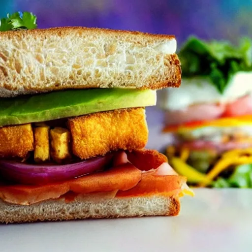 Image similar to sandwich with fried tofu, one tomato slice, mayonaisse, one onion ring, avocado, melted cheddar, over a dish that is over a table, with a sunset and rainbow in the background with saturn and stars in the sky