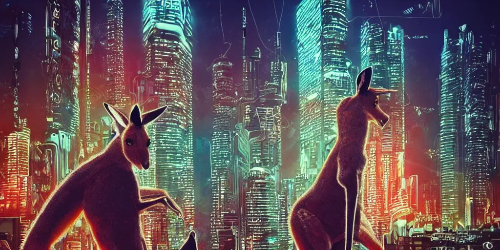 Image similar to a kangaroo wearing a beaded necklace, cyberpunk settings, cityscape, style of artgerm, at night