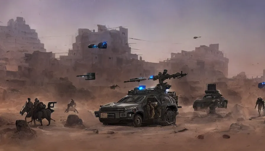 Image similar to a militarized police vehicle with mounted weapons riding through an orwellian egyptian town, troops searching the area, furious action scene, an epic fantasy, dramatic lighting, cinematic, establishing shot, extremely high detail, photorealistic, cinematic lighting, artstation, octane render, by simon stalenhag, horizon forbidden west