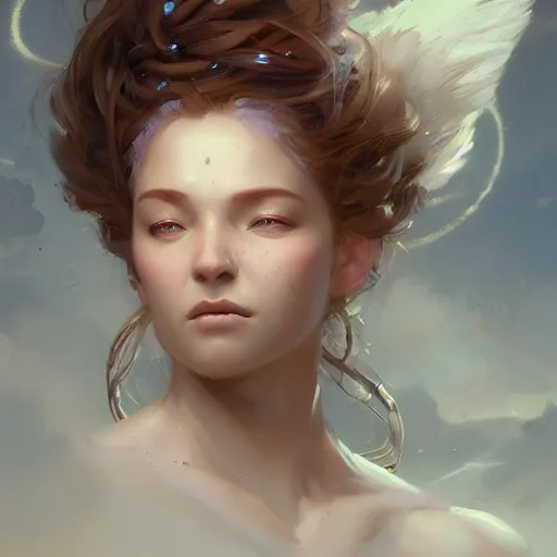 Image similar to a beautiful portrait of a cloud goddess by Greg Rutkowski and Raymond Swanland, Trending on Artstation, ultra realistic digital art