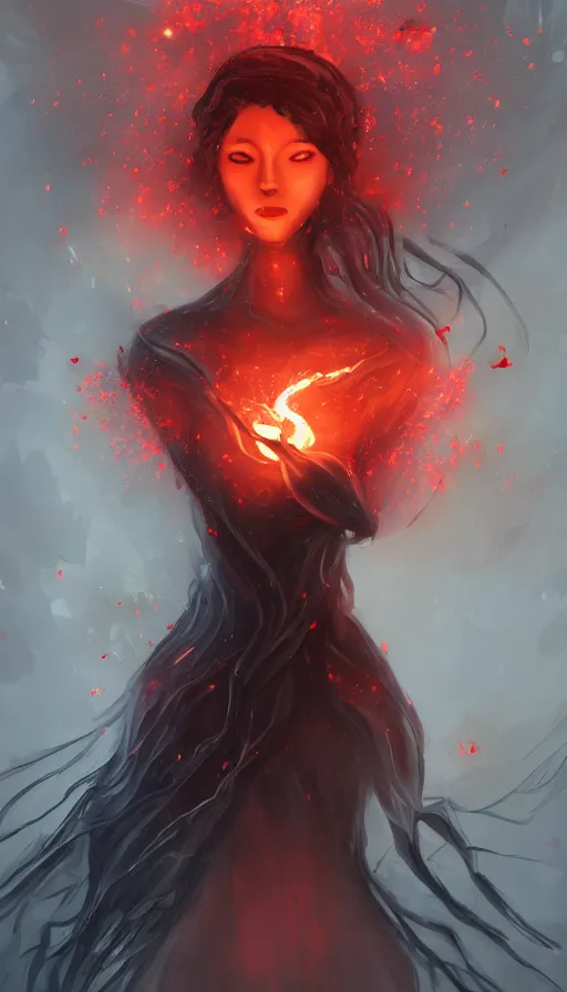 Prompt: 'Portrait of Beautiful faceless female elemental made of black fire, looking sideways, with no face, with red halo glowing out of her wrists, growing out of a giant rose, rose petals flying in the wind, fantasy, d&d, tragic, tense, digital painting, artstation, indieground, concept art, sharp focus, by Annie Swynnerton and Nicholas Roerich, madness combat, strong dramatic cinematic lighting , blood red sky, grey skin, smooth, sharp focus, extremely detailed, illustration, art by greg rutkowski, dave kendal, Godmachine, alphonse mucha''