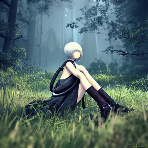 Prompt: hyper realistic detailed render of a android - girl sitting on the edge of a ruin in a forest in the style of nier automata by yoko taro in an 3 by 3 array!!!