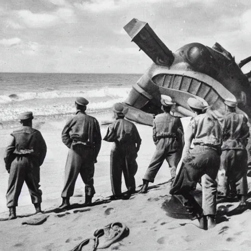 Image similar to 1940s photo, long shot, 5 soldiers looking at a huge creature washed up on a beach