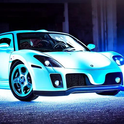 Prompt: Baby Blue Noble M600 set on fire in a ghetto, neon white lighting, 8k UHD, studio photography, high quality, high detail, stunning lighting