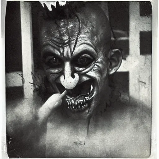 Image similar to an ancient demon-clown devouring a soul on an abandoned mad house, Colombian jungle, mist, 1910 polaroid photography, grainy film, resident evil, Black and white